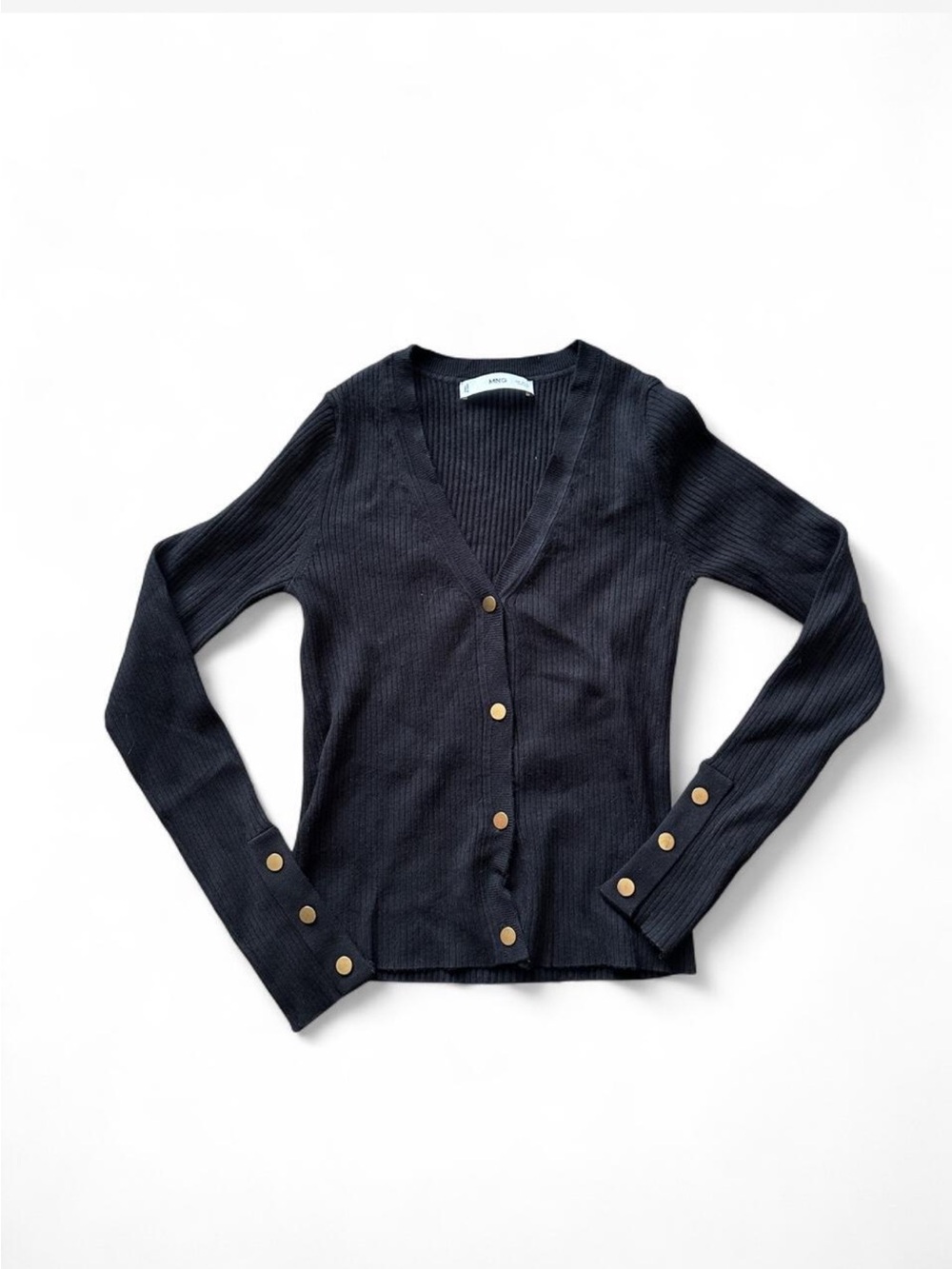 Mango black ribbed knit cardigan with gold buttons, size xs #mango #knitwear